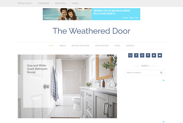 A blog page titled "The Weathered Door" showcases a post about a gray and white guest bathroom reveal. With ideas on furniture refinishing, the site includes social media icons and a search bar on the right.