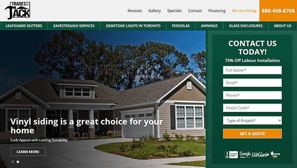 Explore our vibrant homepage showcasing a vinyl siding promotion. Discover seamless gutter installation options alongside an elegant image of a house under a clear blue sky. With easy navigation and a contact form on the right, experience one of the best websites for your home improvement needs.