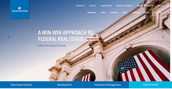 Building facade with an American flag. Text on image: "A win-win approach to federal real estate." The Transwestern logo sits boldly in the top left corner, reflecting its prowess in commercial real estate websites. Navigation menus adorn the top and bottom of the image for effortless browsing.