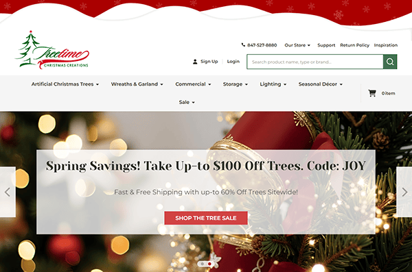 Discover our Christmas-themed homepage featuring a spring savings banner on trees and exclusive deals with code "JOY." Adorned with red and gold ornaments, our site is a shining example of the best holiday light installation websites for festive inspiration.
