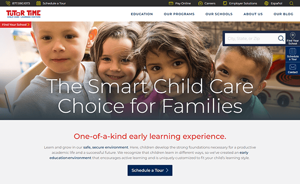 Explore Tutor Time's website, one of the best daycare websites, featuring a headline on smart childcare choices for families. Discover options to find schools and schedule a tour, all while viewing happy smiles from a group of young children.