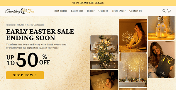 Twinkling Tree website Easter sale banner shines as one of the best holiday light websites. Enjoy up to 50% off. Images showcase glowing tree lights and lanterns, urging you to explore captivating holiday lighting collections.