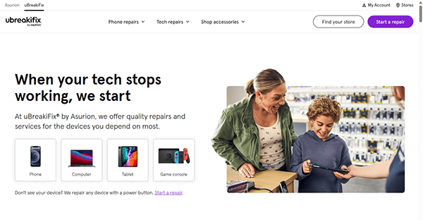 UBreakiFix website screenshot showcasing repair services for phones, computers, tablets, and game consoles. Two women are inside the store discussing a device to be repaired, highlighting why it’s among the best computer repair options available.