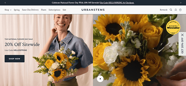 A person smiles while holding a bouquet of sunflowers and roses. Text offers a 20% discount for National Flower Day using code HELLOSPRING. Discover why we're the best florist for the freshest blooms.
