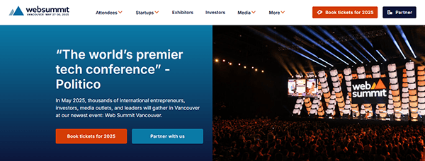 Web Summit's website screenshot highlights it as one of the best conference websites, showcasing its tech conference in Vancouver. A stage image adorns the right side, with seamless booking options for 2025.