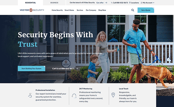 A family strolls with their dog down a peaceful residential street. The website banner states, "Security Begins With Trust," inviting you to explore the best home security solutions from Vector Security. Click the call-to-action button and find contact details on one of the top home security websites today.