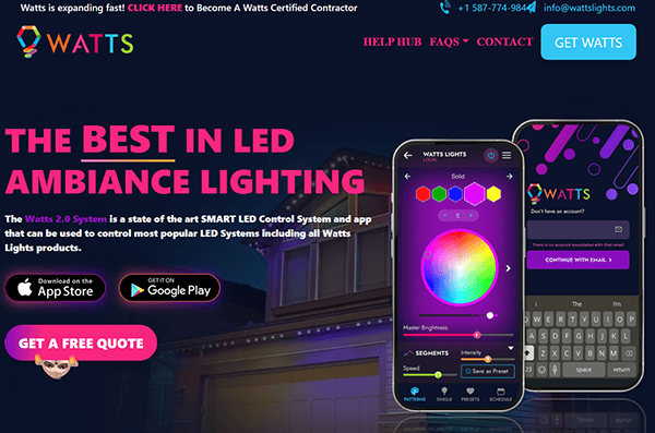 Explore a top-tier homepage showcasing the Watts LED Ambiance Lighting system, complete with intuitive app controls. Perfect for holiday light installation enthusiasts, it offers links to download on the App Store and Google Play. Connect with us today for the best holiday décor services.