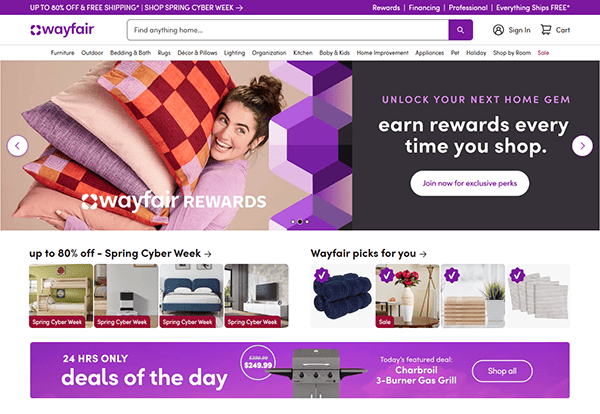 Wayfair's homepage is a treasure trove of deals. It showcases a woman holding pillows, highlights rewards, and offers irresistible product deals on bath towels and a three-burner gas grill. Discover why it's hailed as one of the best furniture websites around.