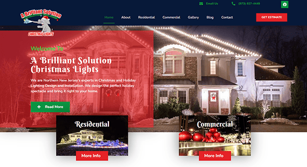 Welcome to the homepage of a premier Christmas lighting company, where stunning holiday light installations transform homes into winter wonderlands. Explore our "Residential" and "Commercial" services, with contact information conveniently at the top. Discover why we're among the best holiday light websites.