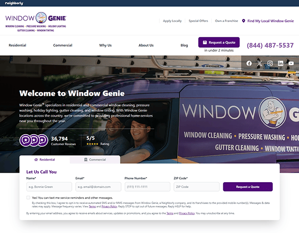 Window Genie's website homepage showcases a header image of a service van, emphasizing its efficient gutter cleaning services. It features easy contact options, a detailed service description, and a convenient form for requesting quotes—truly one of the best gutter cleaner websites around.