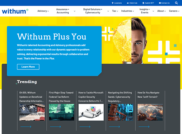 The Withum website homepage showcases consulting services and stands out among the best CPA websites. It features a "Trending" section with articles on tax reform, cybersecurity, and Microsoft Copilot.