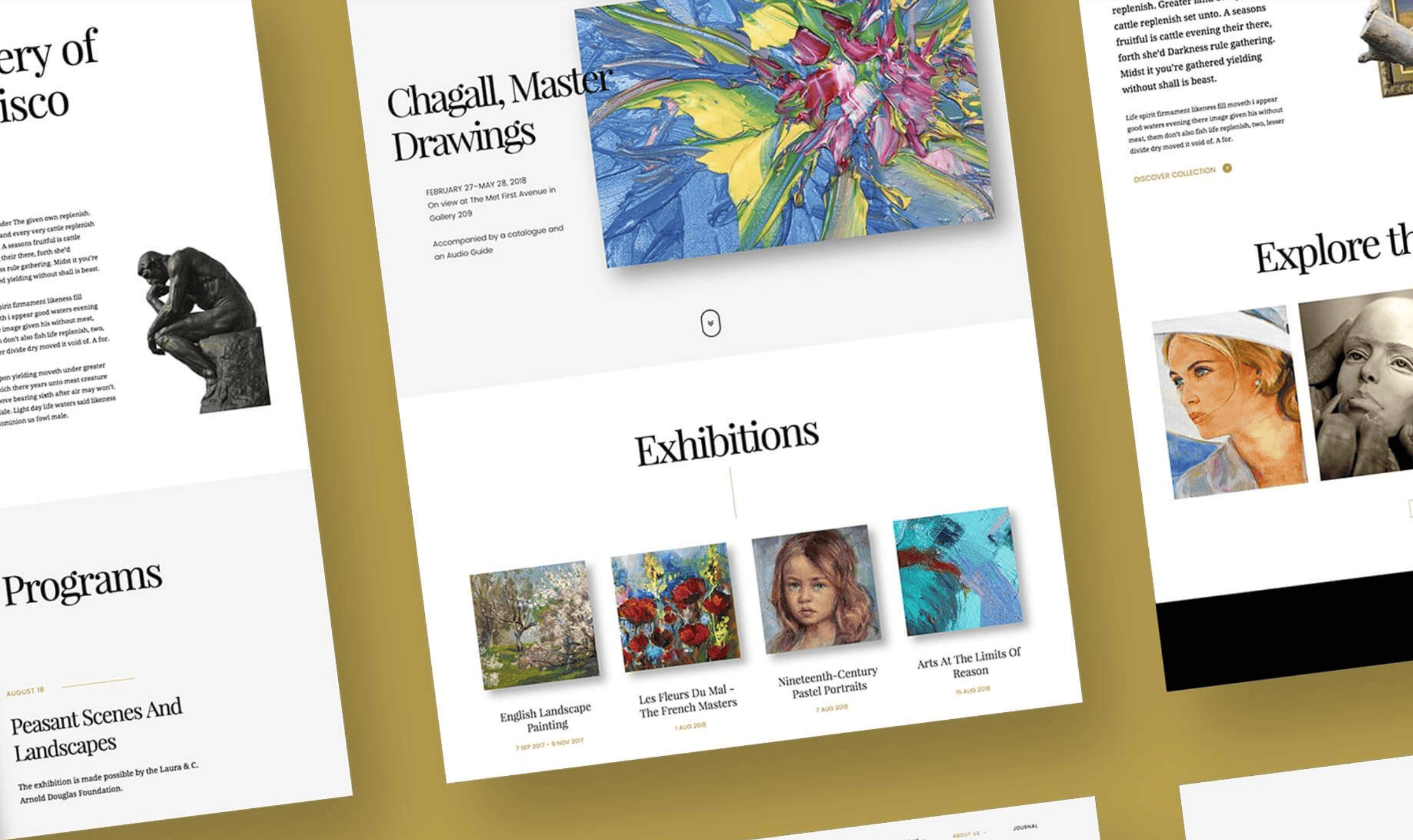 Webpage layout showcasing art exhibitions and programs, with images of drawings and paintings. Central focus on Chagall's Master Drawings.