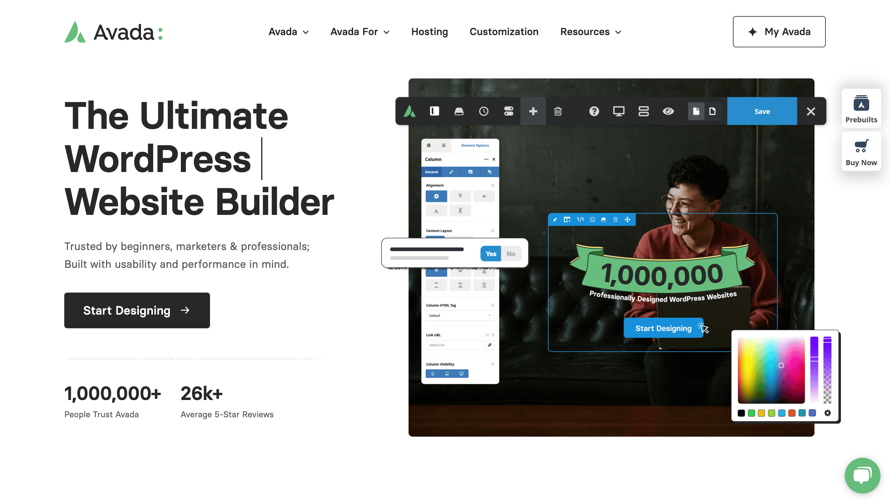 Screenshot of the Avada website home page highlighting its WordPress website builder, statistics, and a demo section with design interface tools visible.