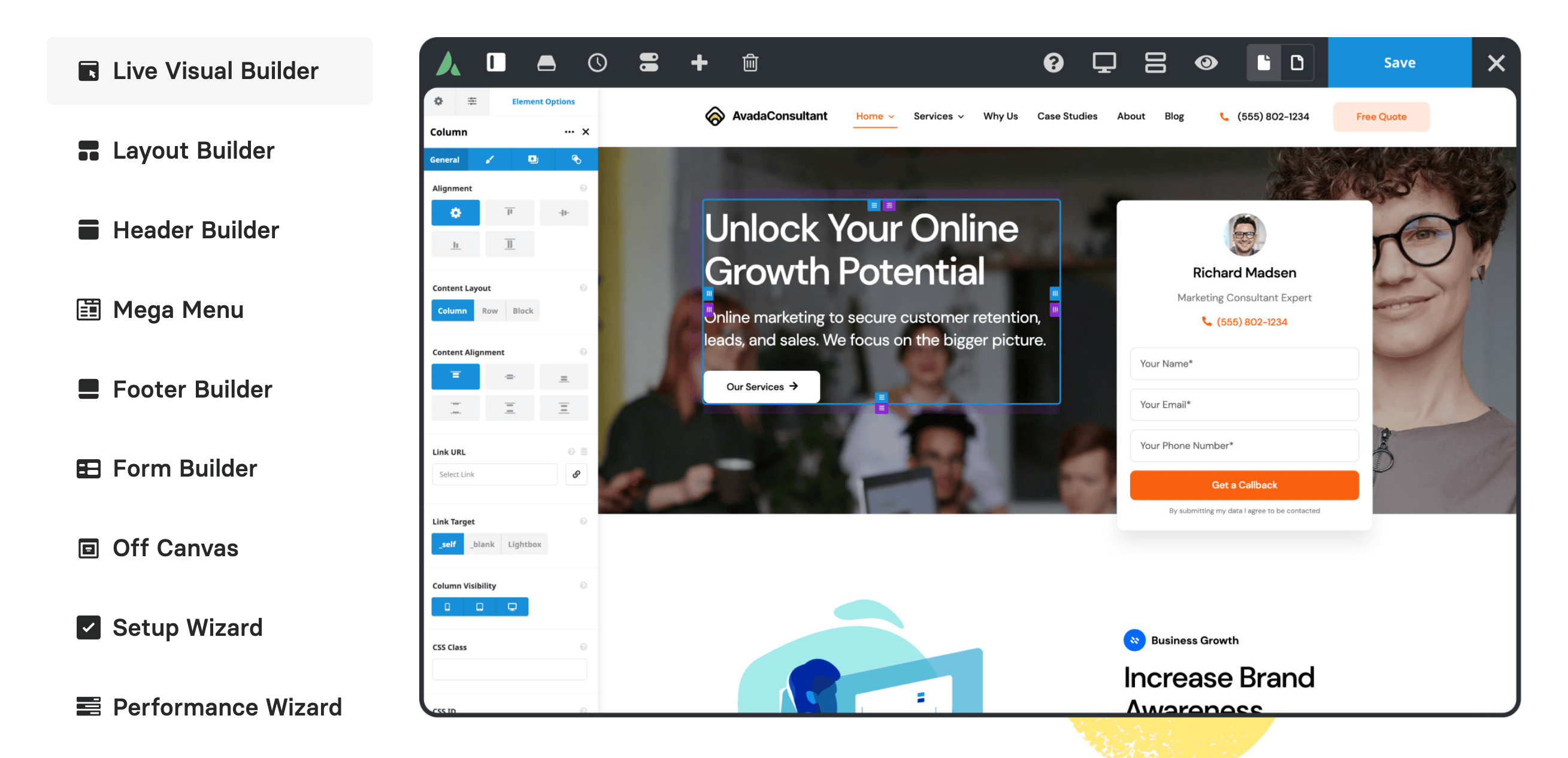 Image of a website design interface showing a webpage draft with text "Unlock Your Online Growth Potential." A sidebar lists tools like Live Visual Builder and Mega Menu. A pop-up form is visible.