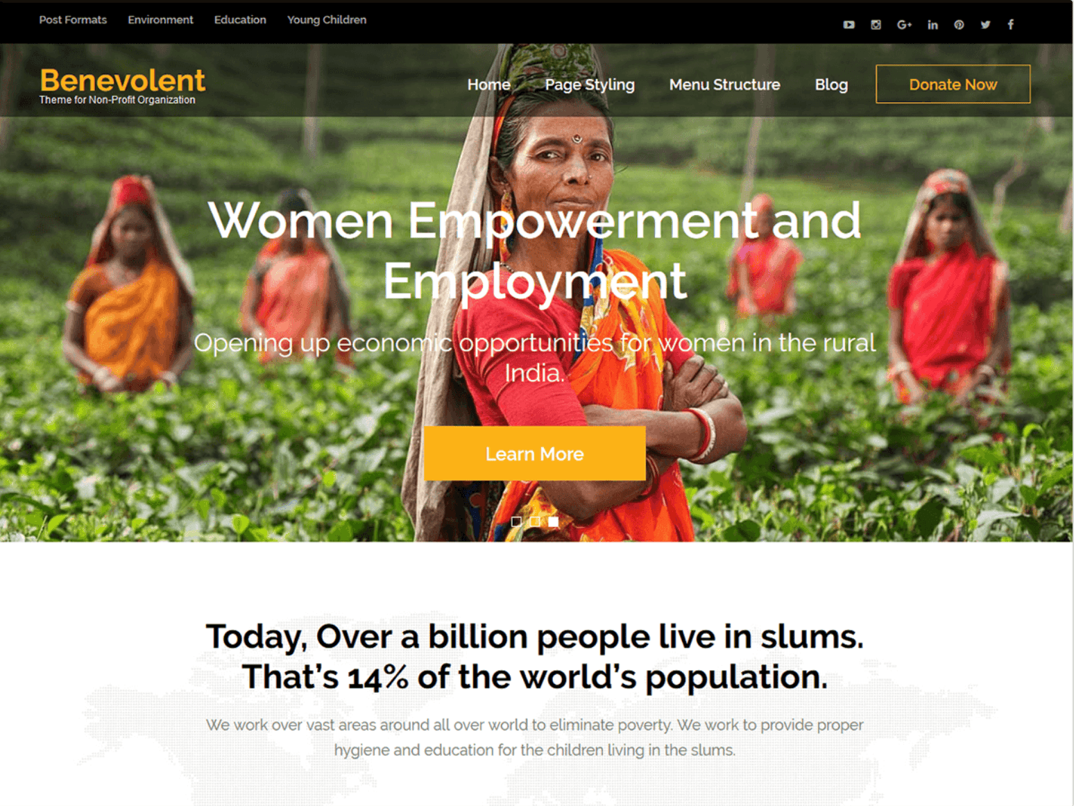 A group of women in vibrant attire stand in a lush green field. Text on the image promotes women empowerment and employment in rural India, highlighting global slum population statistics.