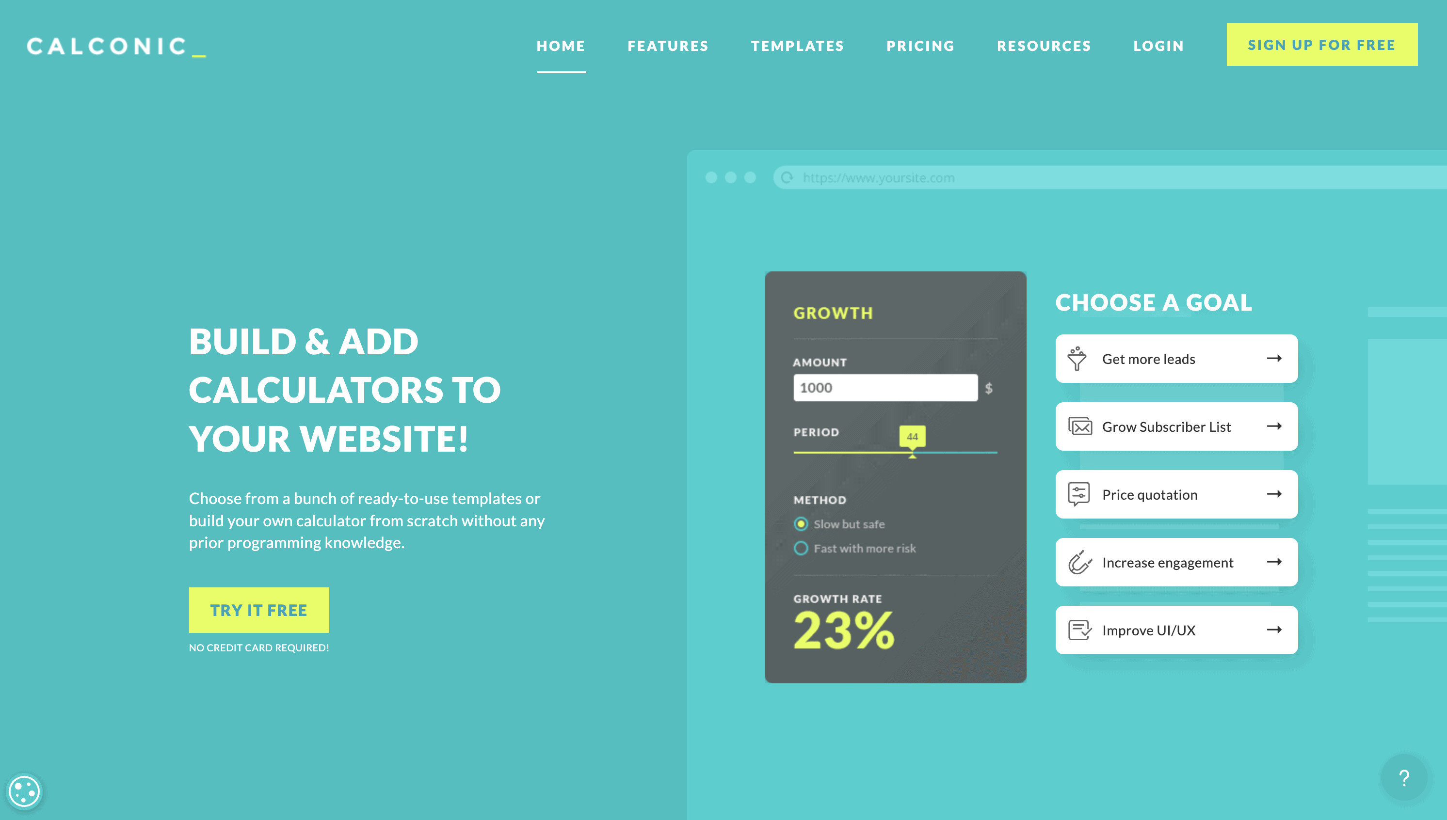 Screenshot of Calconic's website homepage showing options to build and add calculators, choose goals, and a highlighted "Sign Up For Free" button.