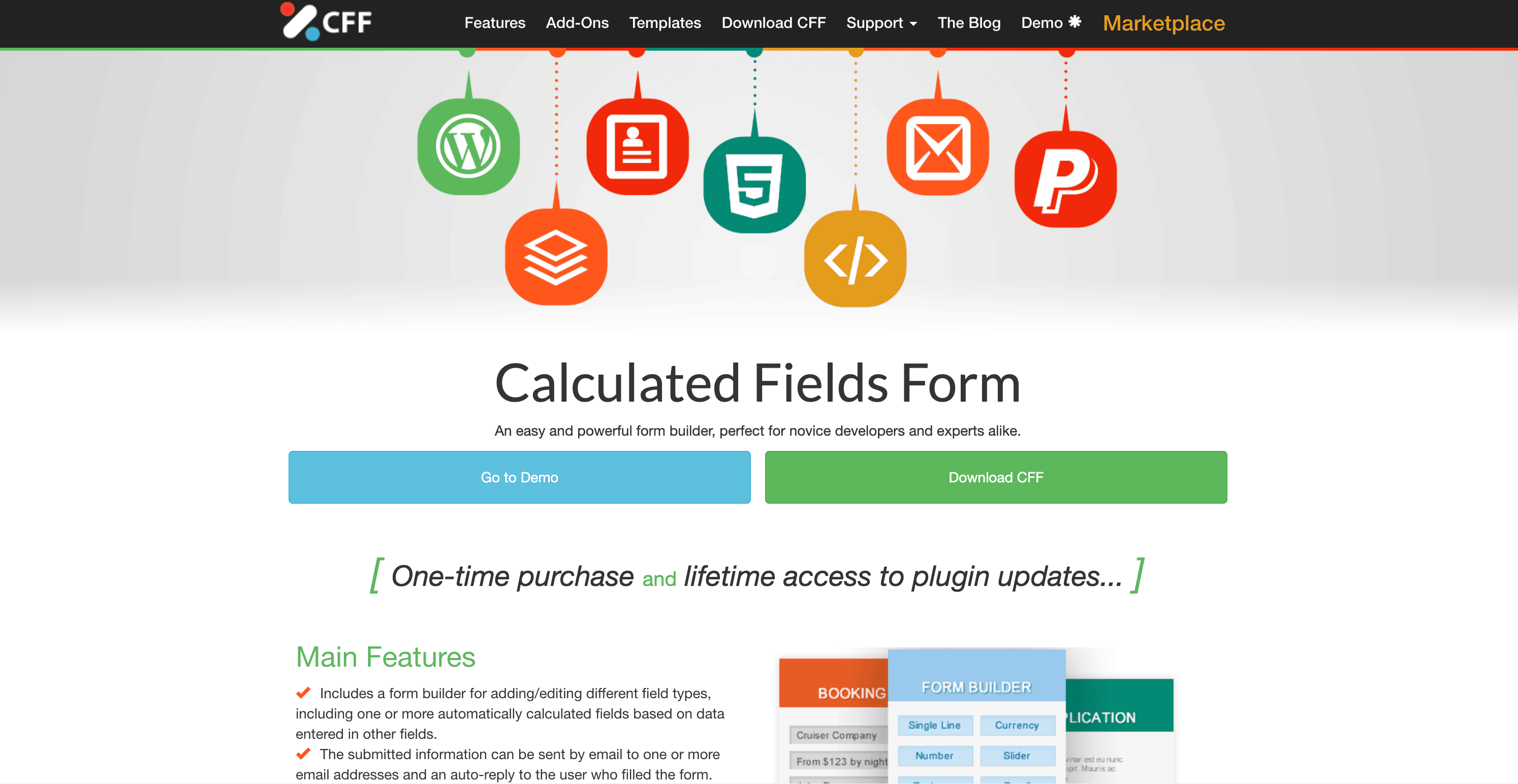 Screenshot of the Calculated Fields Form website homepage, displaying navigation links, logo, feature icons, and green buttons for demo and download options.