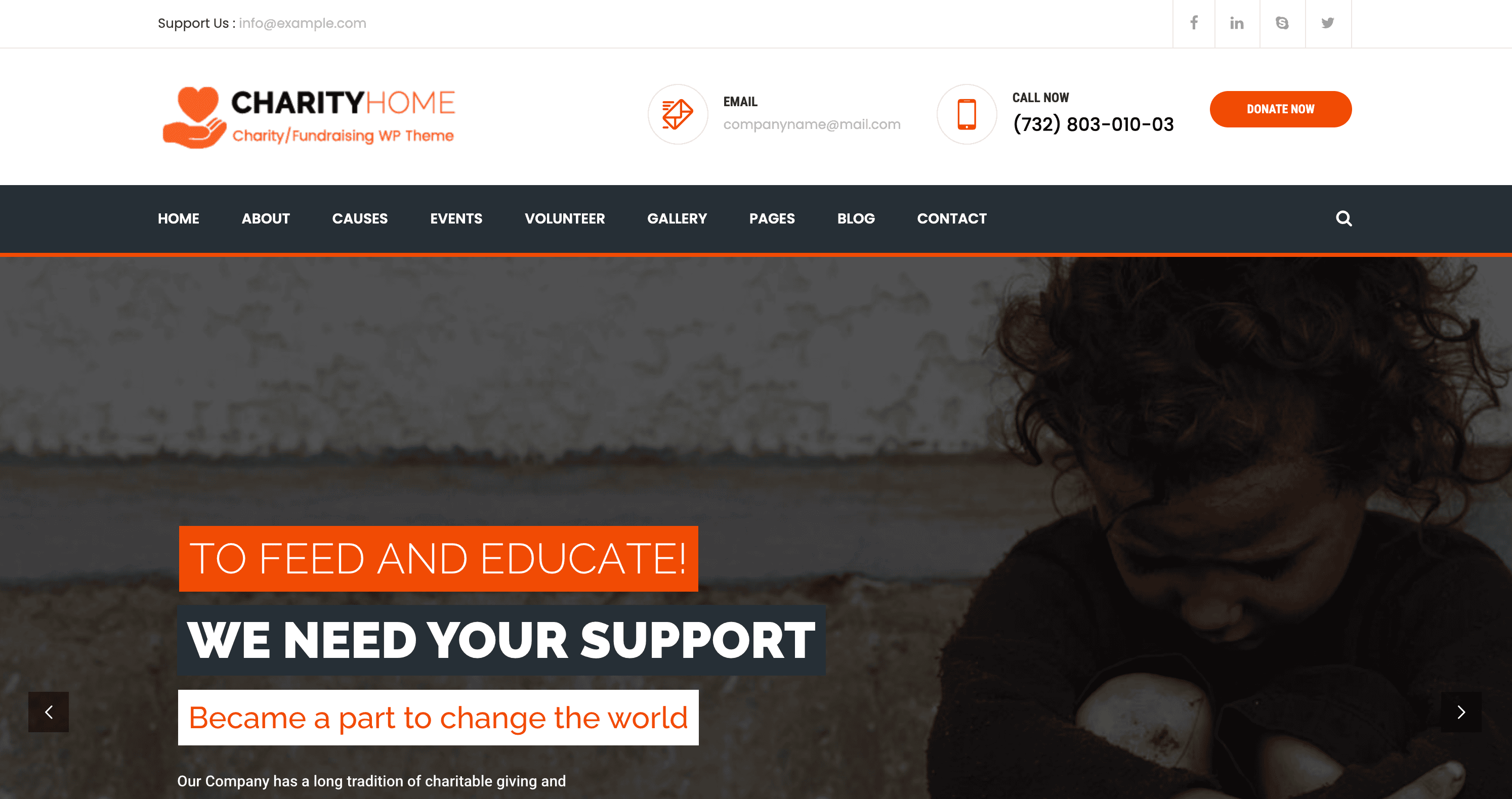 Charity website homepage featuring a child sitting, wearing a dark outfit. Header includes contact info and a donate button. Text overlay reads, "To feed and educate! We need your support.