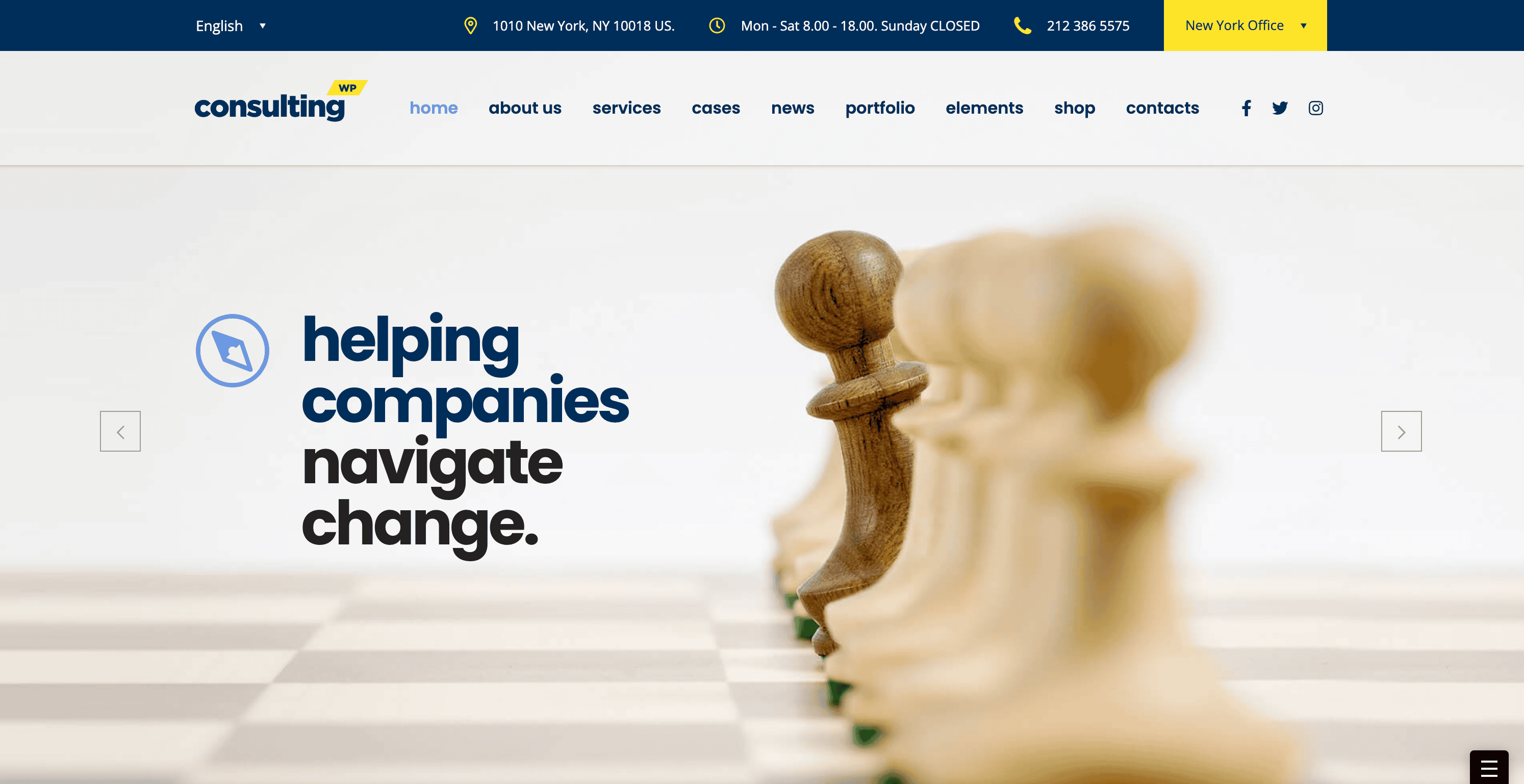 Website homepage with a row of chess pawns and text on the left saying, "helping companies navigate change.