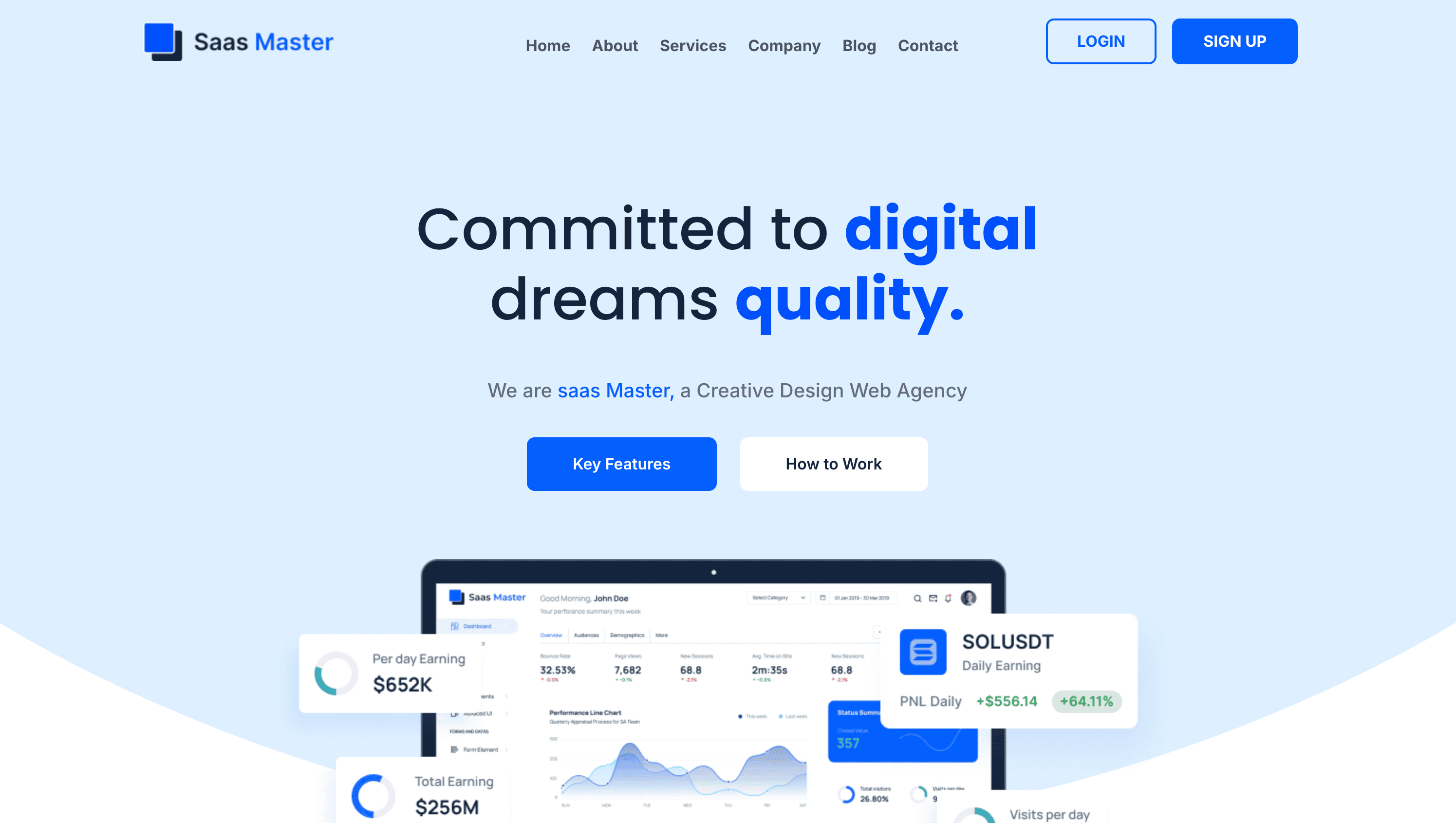 A website homepage for "Saas Master" displays a header, navigation menu, and a central tagline about digital quality, with analytics charts and earnings data on a tablet screen below.