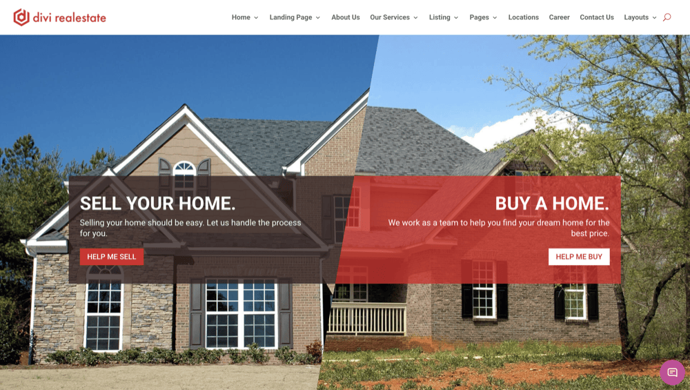 Split image of two houses with text: "Sell Your Home" on the left and "Buy a Home" on the right, featuring buttons labeled "Help Me Sell" and "Help Me Buy.