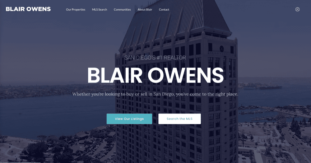 Tall building by water with Blair Owens real estate website overlay; options to view listings or search MLS.