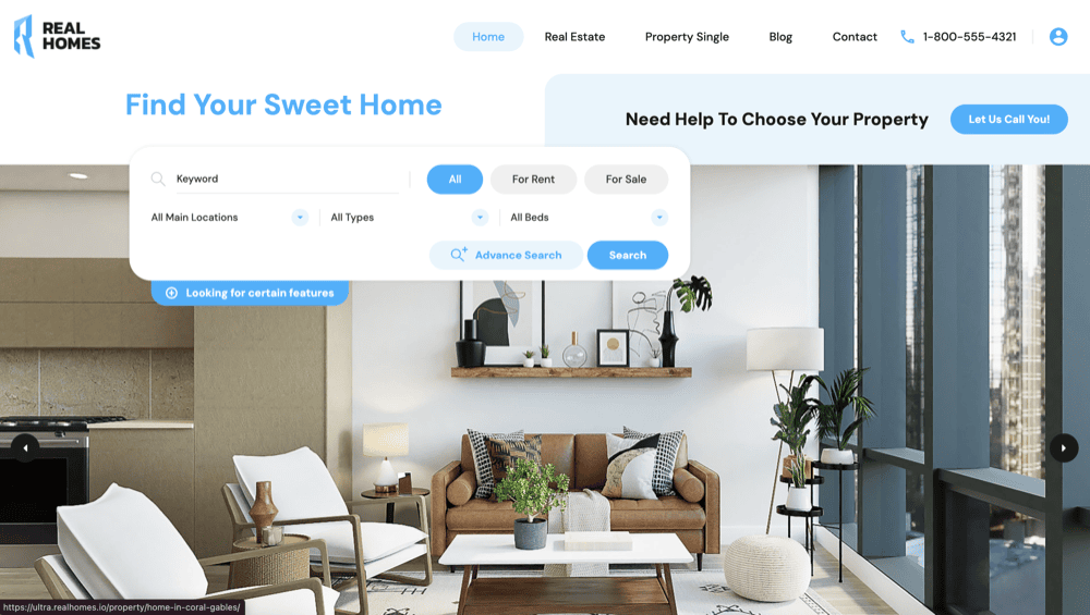 Sleek real estate website homepage featuring a navigation bar, search box, and cozy living room interior with a white sofa, wooden furniture, and large windows.