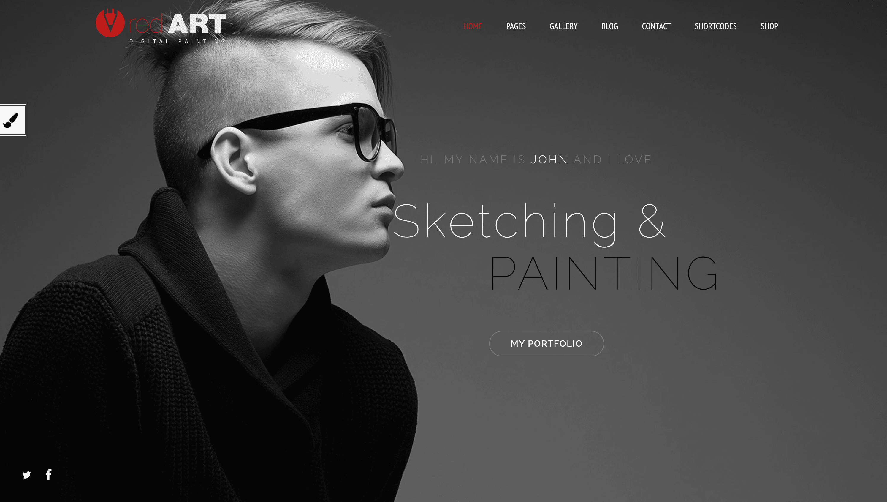 Black and white image of a person with glasses and undercut hairstyle gazing sideways. Text on the image reads: "Hi, my name is John and I love Sketching & Painting.