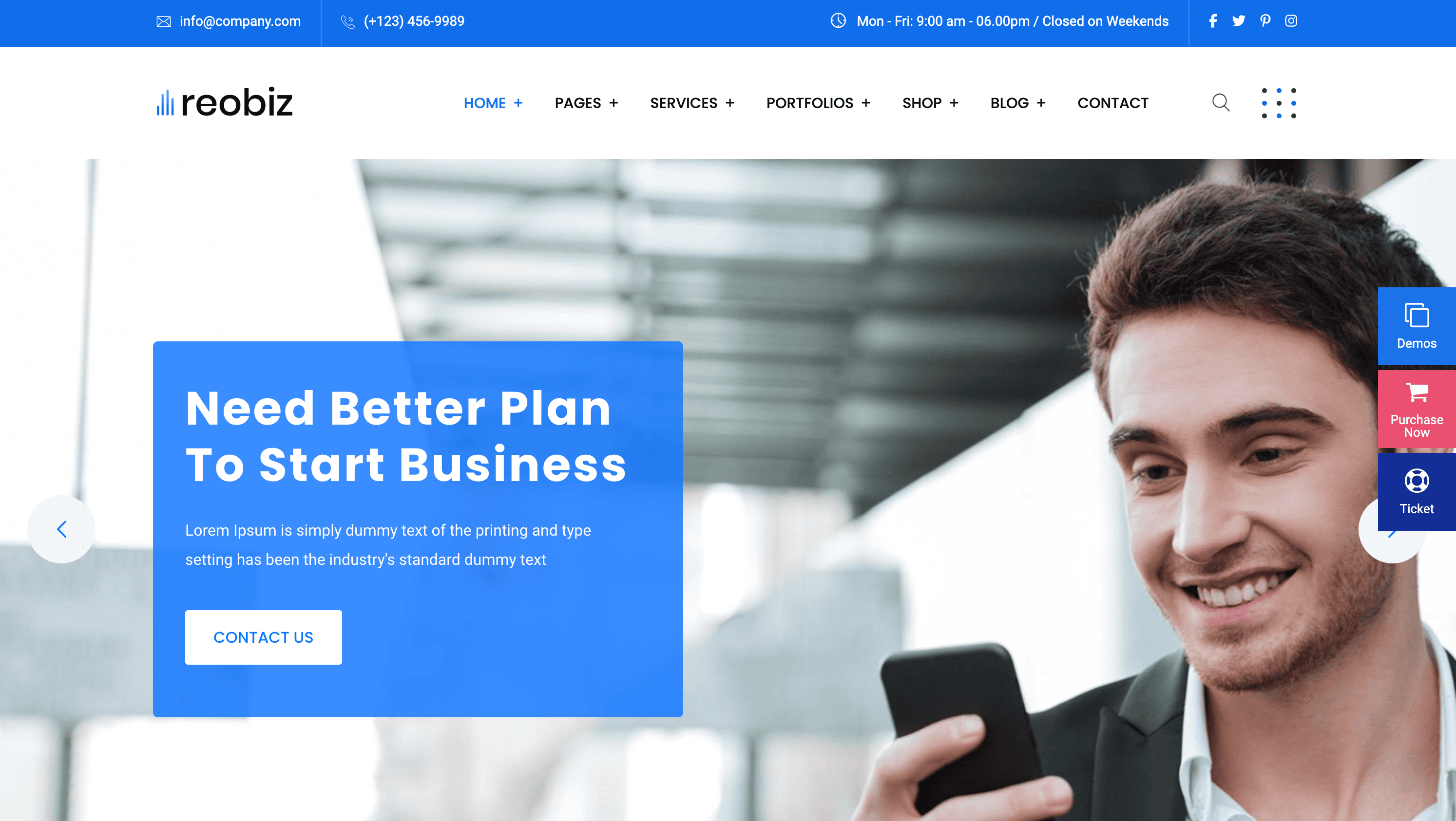 Smiling person looking at a smartphone outdoors, next to an overlay text about starting a business. The website header shows navigation links and contact info.