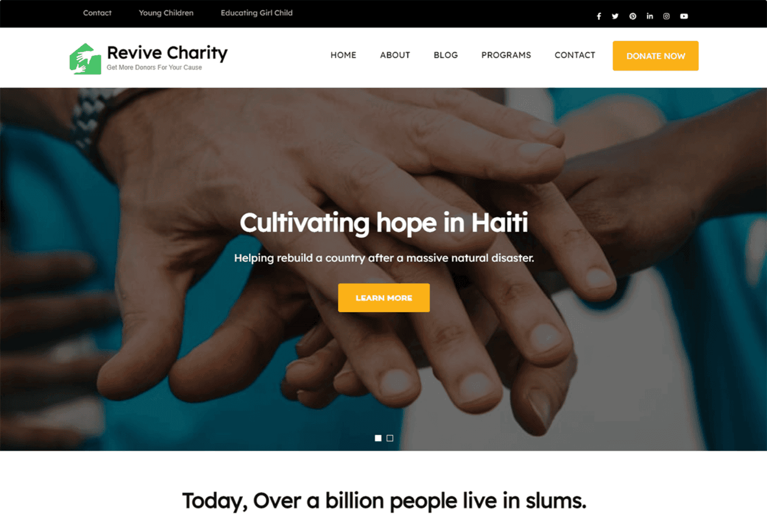 Close-up of diverse hands stacked together. Text reads, "Cultivating hope in Haiti" with a call-to-action button labeled "Learn More." Top toolbar includes contact information and donation option.