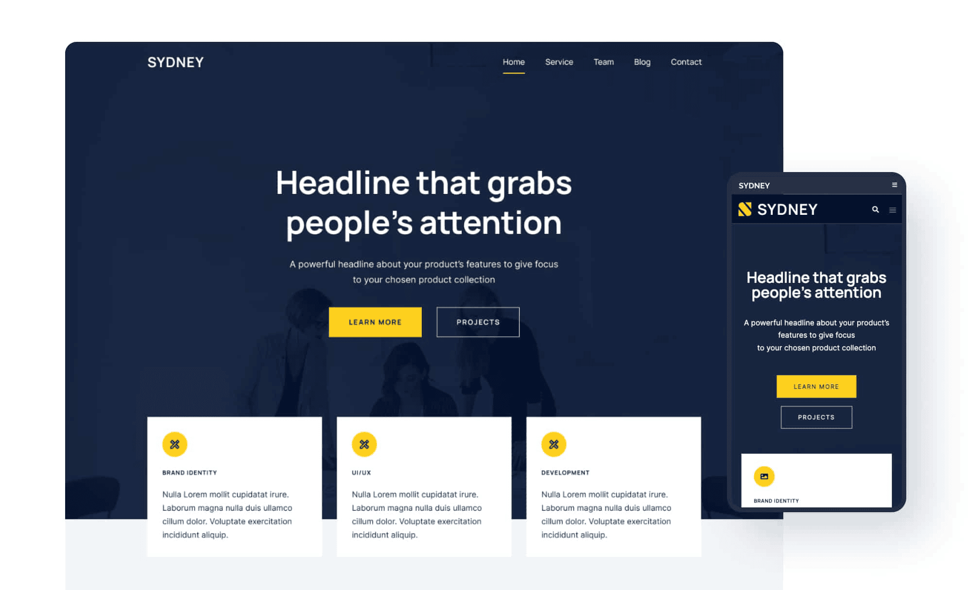 Website template showing a dark-themed design with a header, navigation menu, buttons, and service cards. The layout is displayed on both a desktop and a mobile screen.
