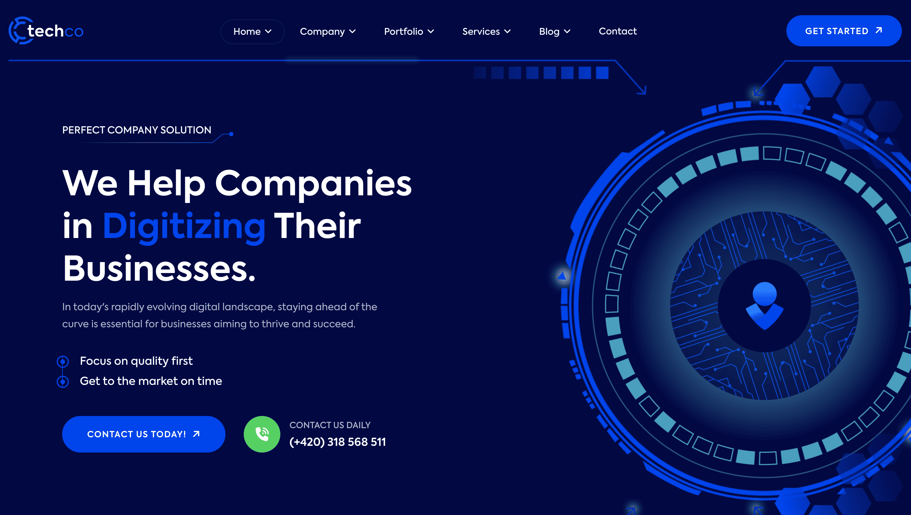 Blue-themed website homepage for TechCo, featuring text about digitizing businesses, contact information, and a circular graphic design element.