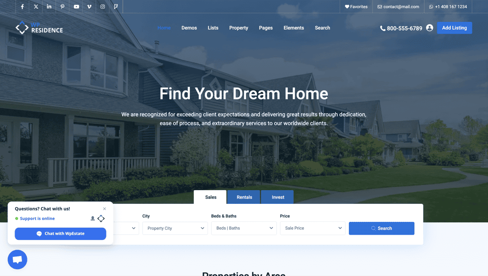 A real estate website homepage with search filters for city, property type, beds, baths, and price. The banner reads "Find Your Dream Home" with a background image of suburban houses.
