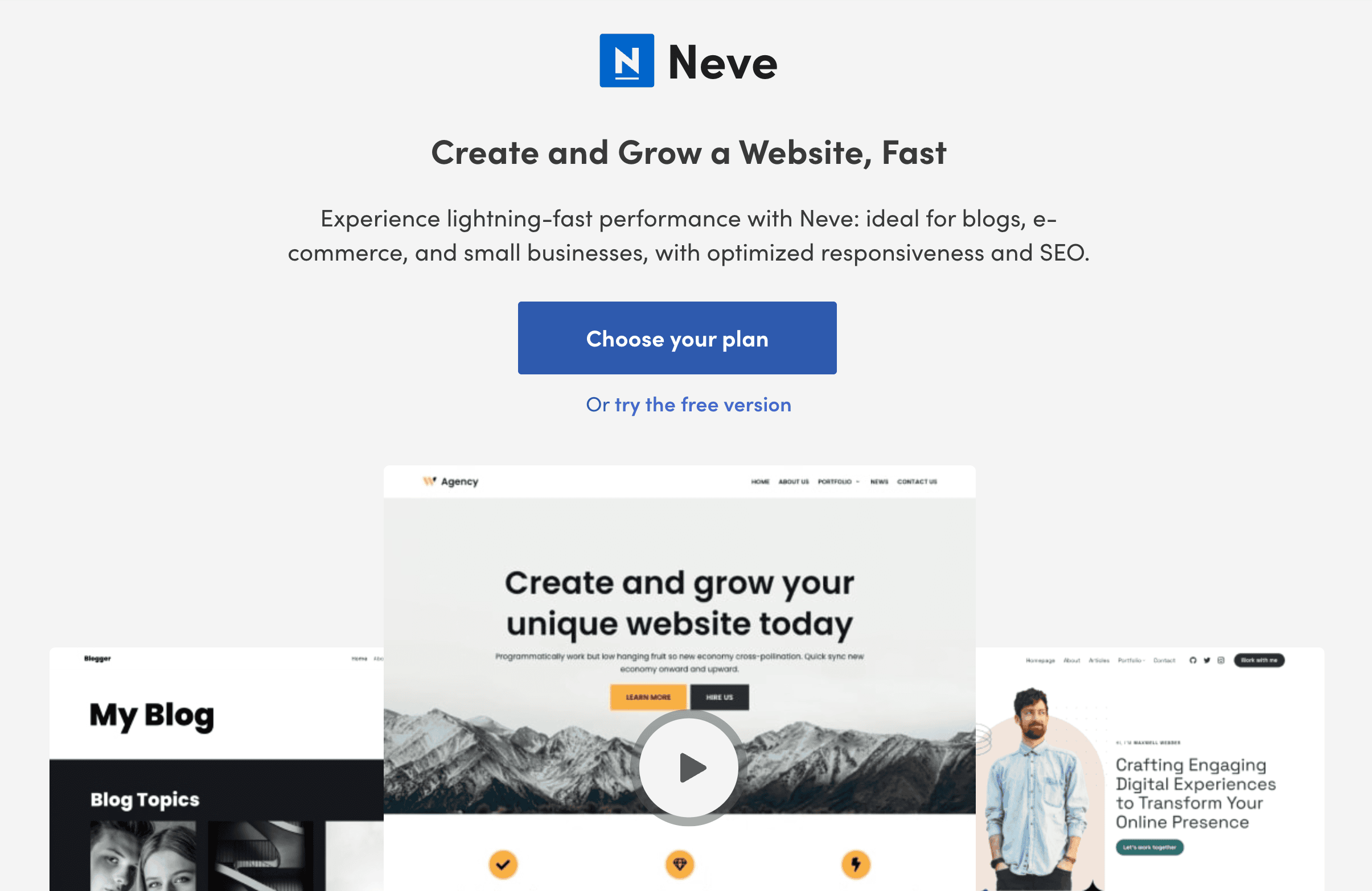 Screenshot of the Neve website homepage promoting website creation, with a "Choose your plan" button and sample website previews displayed below the main header.