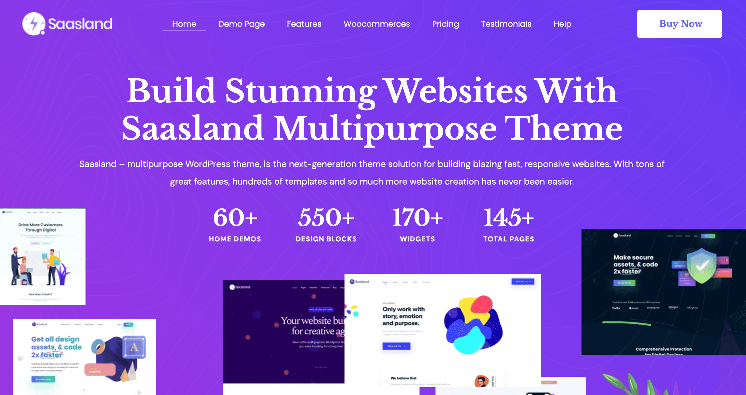 Screenshot of a website homepage promoting the Saasland multipurpose WordPress theme, highlighting key features and statistics against a purple background.