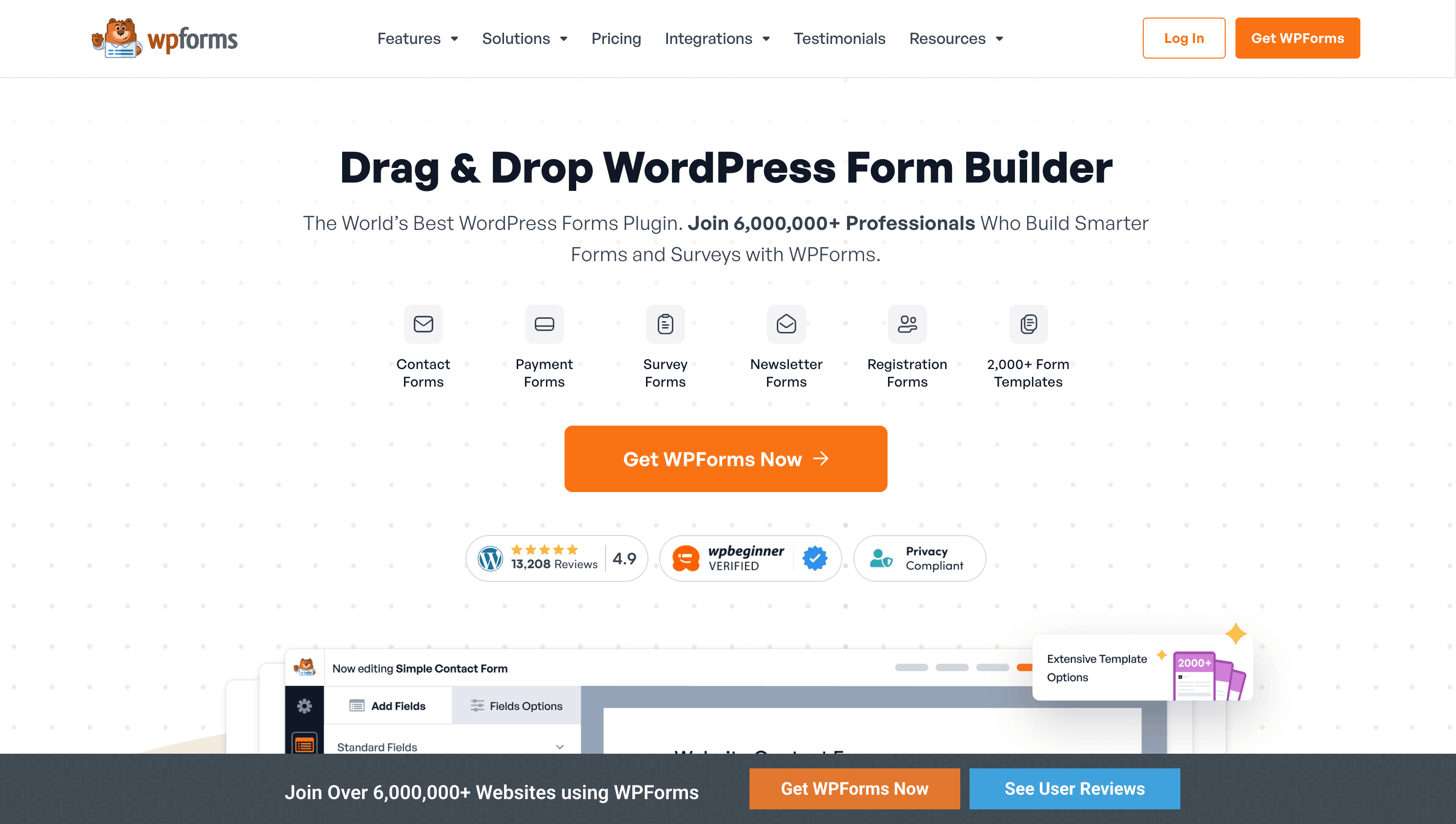 Screenshot of WPForms homepage highlighting its drag and drop WordPress form builder, key features, and buttons to get WPForms or see user reviews.