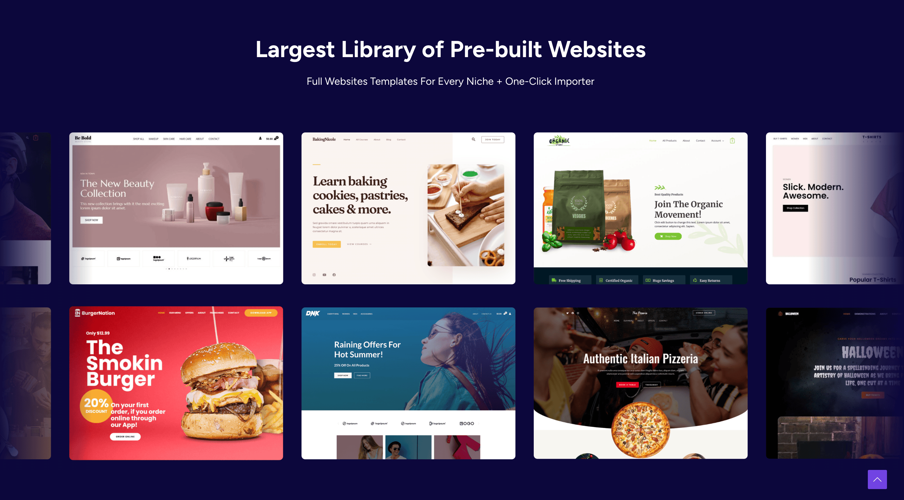 A display of pre-built website templates for various niches, including beauty, food, and business, against a dark blue background.