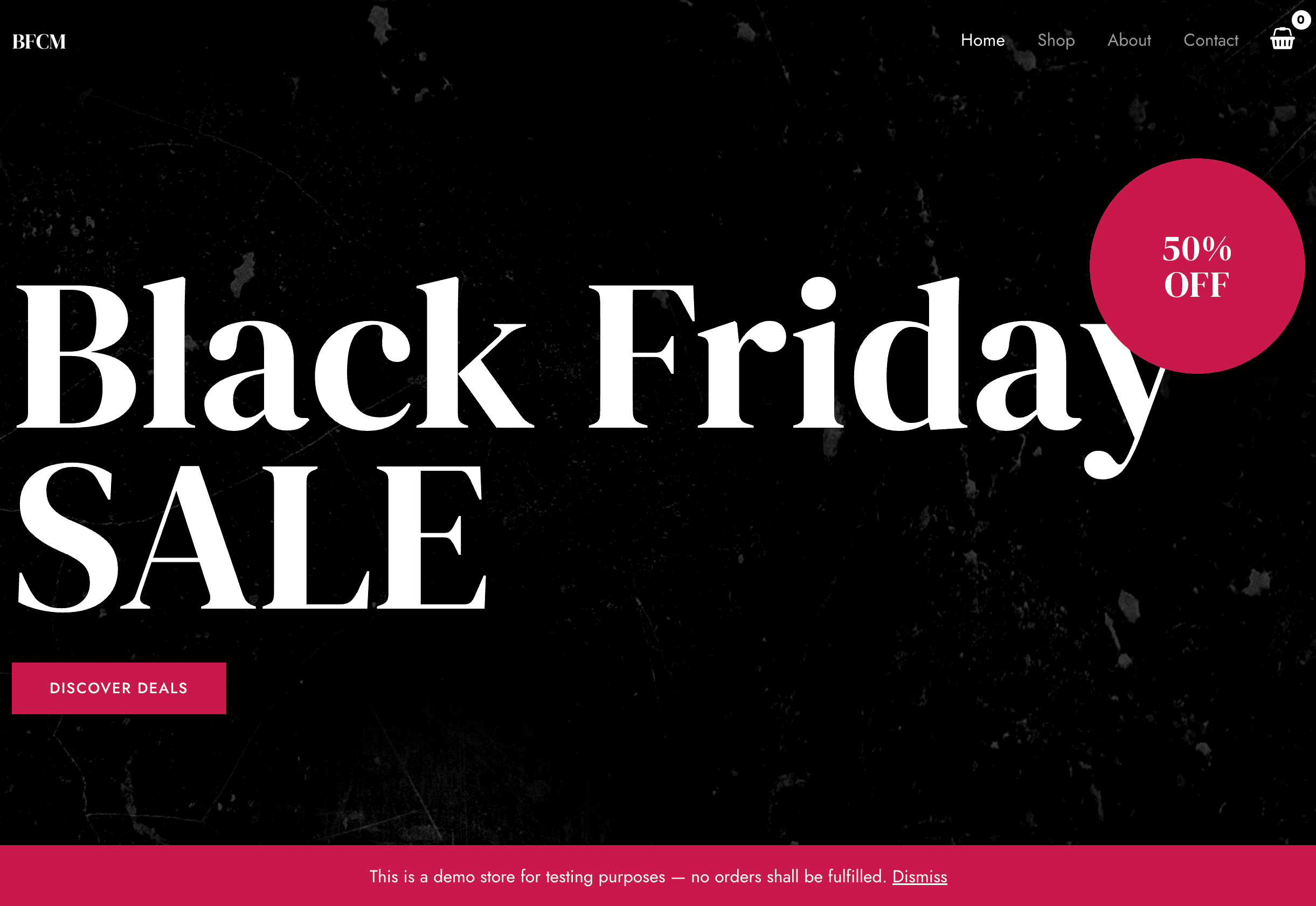 Black Friday Sale announcement on a dark background, with a red circle highlighting "50% OFF" and a button labeled "Discover Deals.