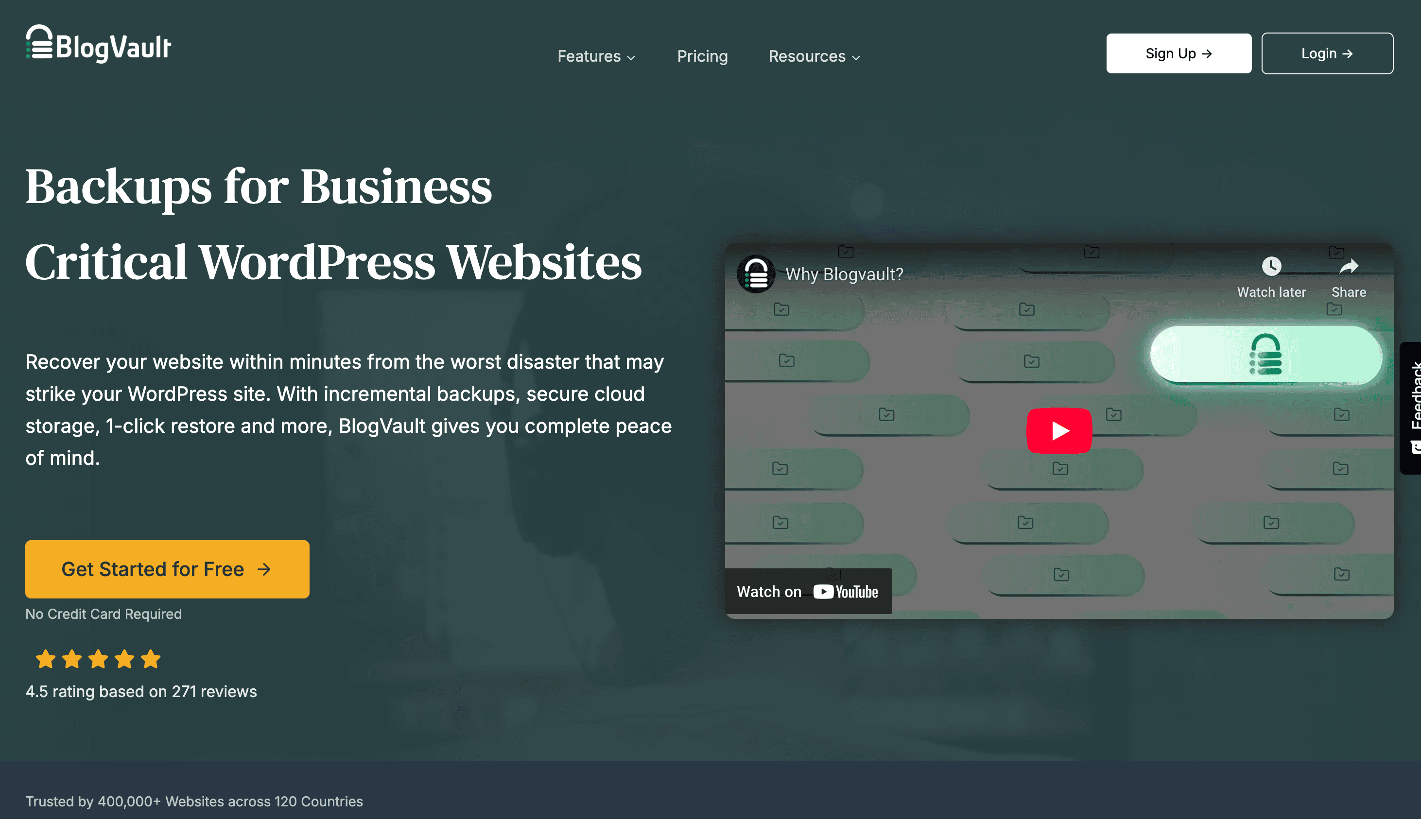 BlogVault website homepage featuring a headline about WordPress backups, a promotional video, and a call-to-action button to get started for free.