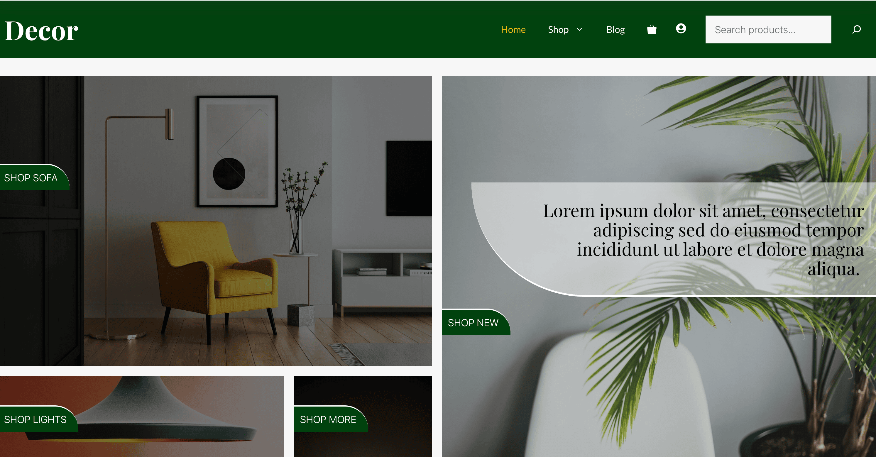 A home decor website layout with a modern chair, floor lamp, and plant. Text button overlays say "Shop Sofa" and "Shop Lights." Placeholder text is visible on the right.