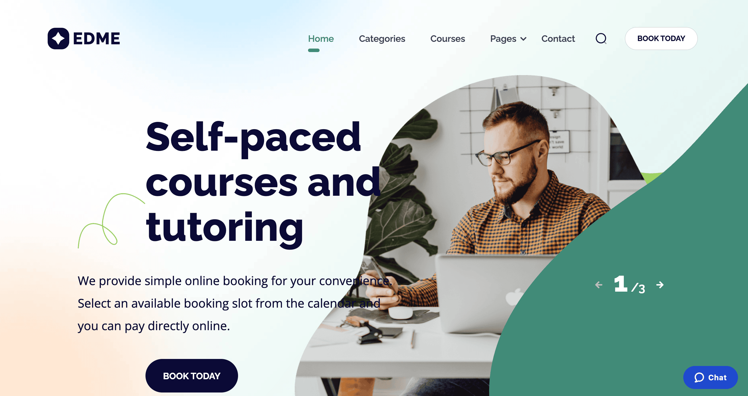 Man working on a laptop at a desk. The text reads, "Self-paced courses and tutoring" with options for booking. Icons for categories, services, and contact are visible on the navigation bar.