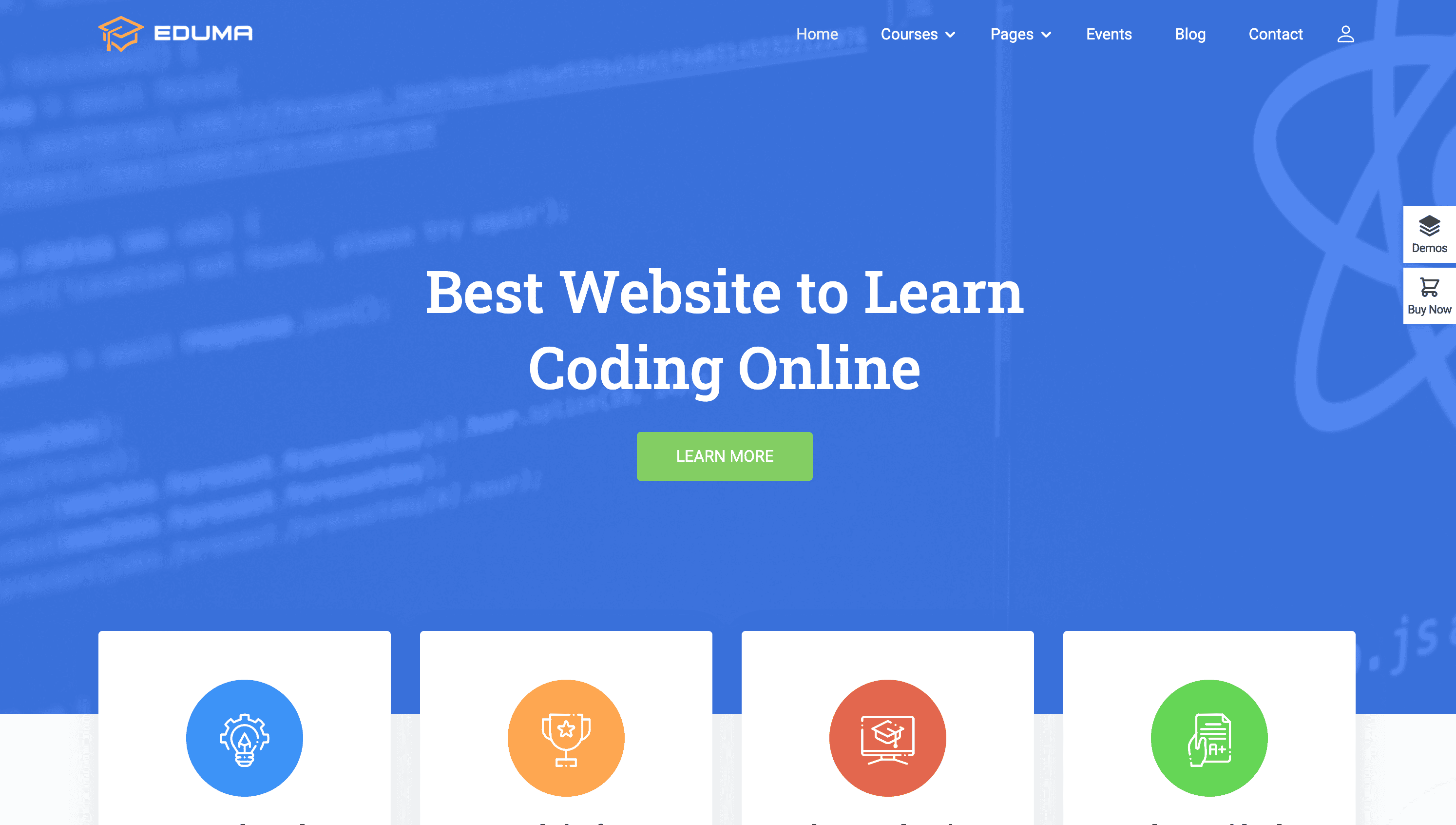 Homepage of a website claiming to be the best for learning coding online. Features a blue background with icons and a "Learn More" button. Navigation bar includes options like Courses and Events.