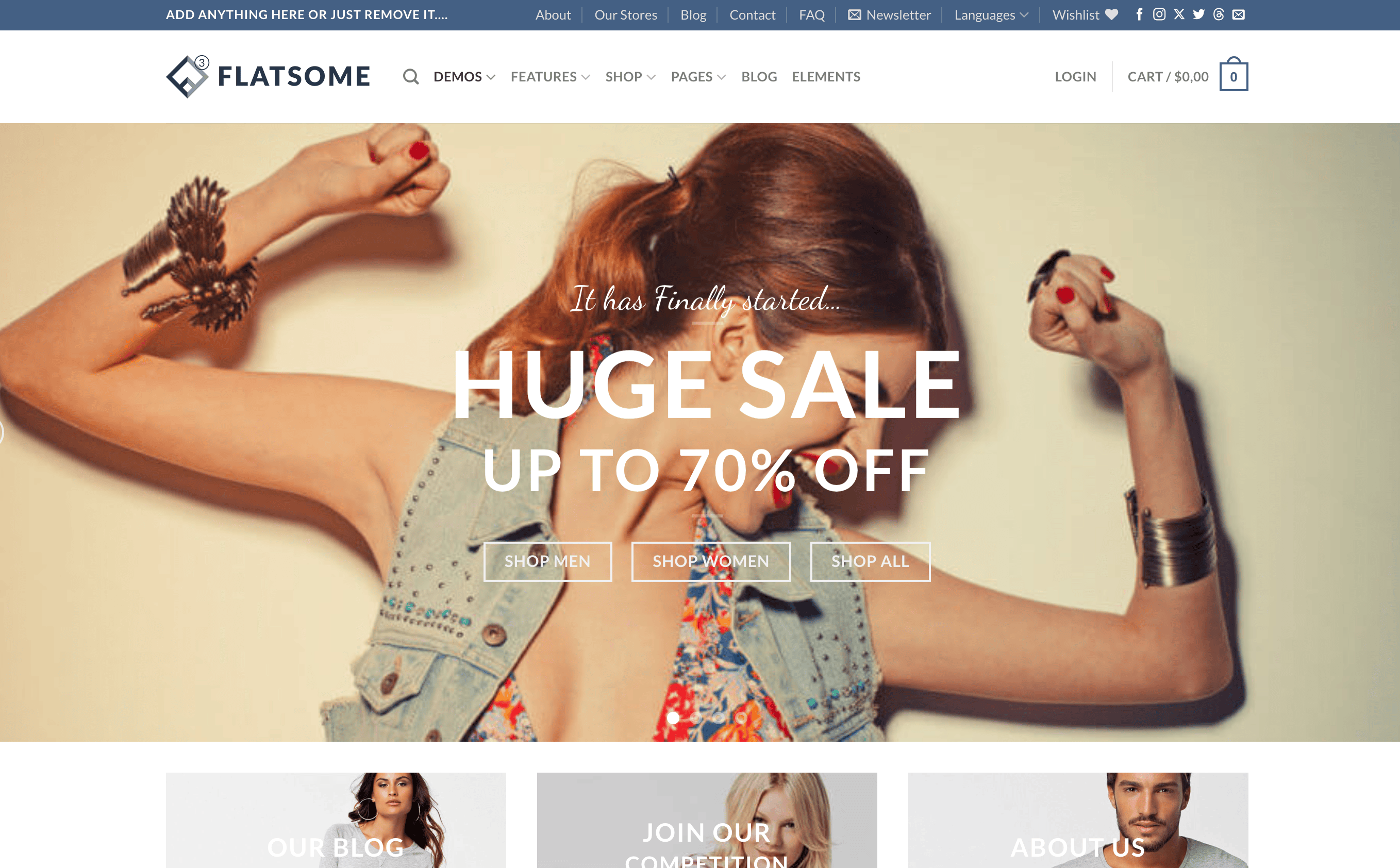 Woman with flexed arms behind sale text; "Huge Sale Up to 70% Off." Options: "Shop Men," "Shop Women," "Shop All.