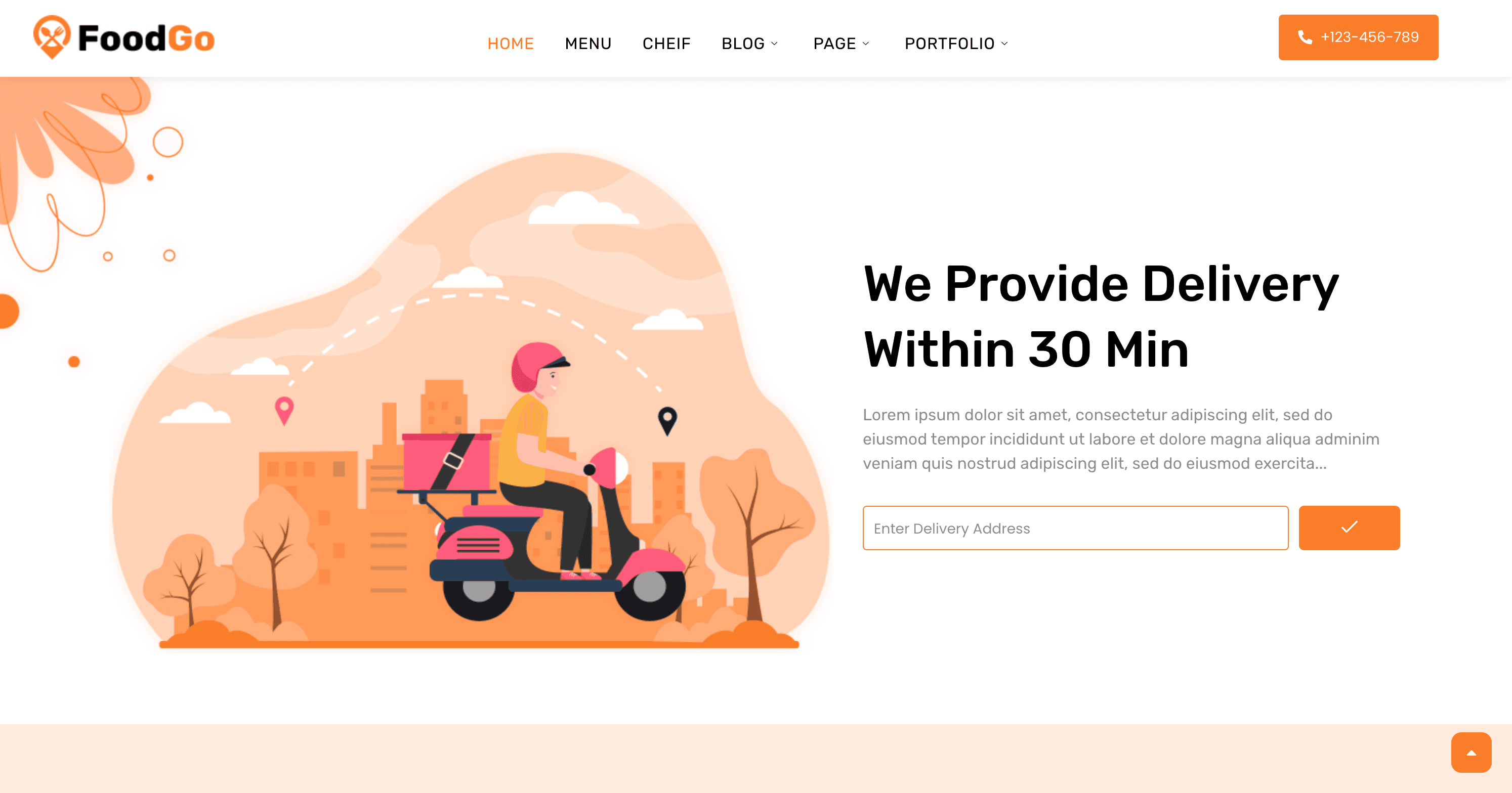 Illustration of a food delivery rider on a scooter with a package, cityscape background, and text offering delivery within 30 minutes. A search box for entering delivery address is visible.