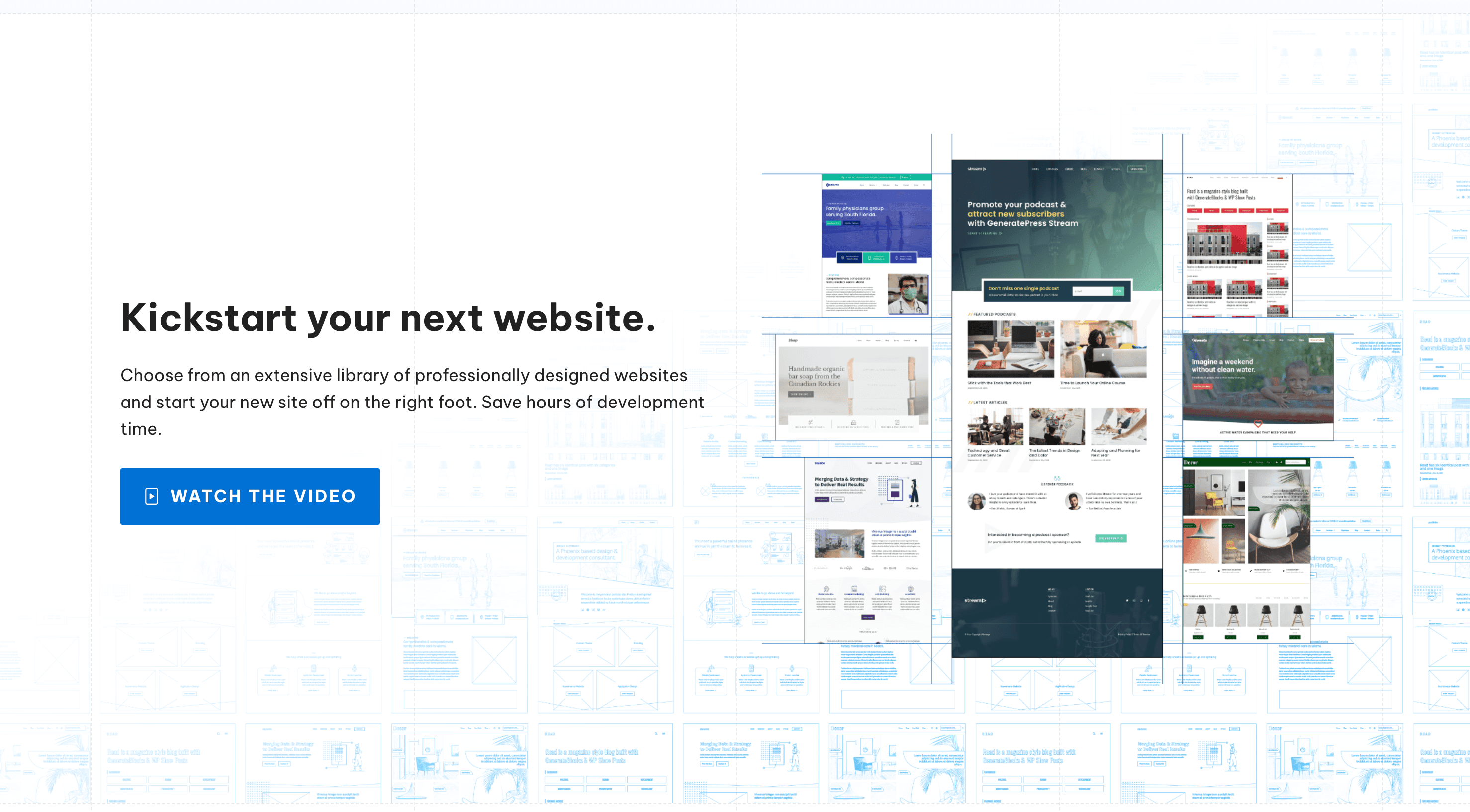 A promotional webpage displays sample website templates, a headline "Kickstart your next website," a brief description, and a blue button labeled "Watch the Video.