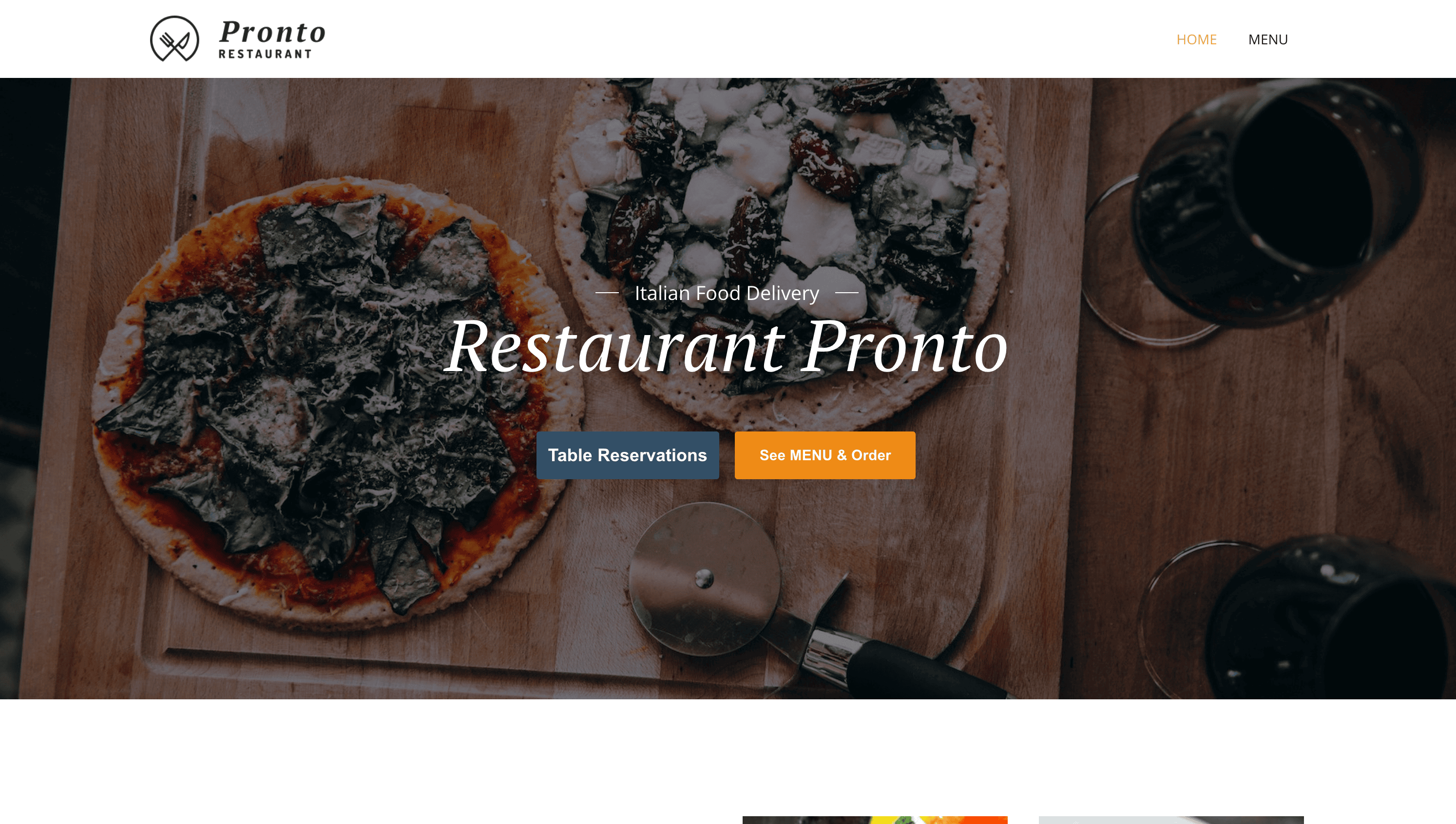 Overhead view of two pizzas, two glasses of red wine, and utensils on a wooden table with a website header for Restaurant Pronto.