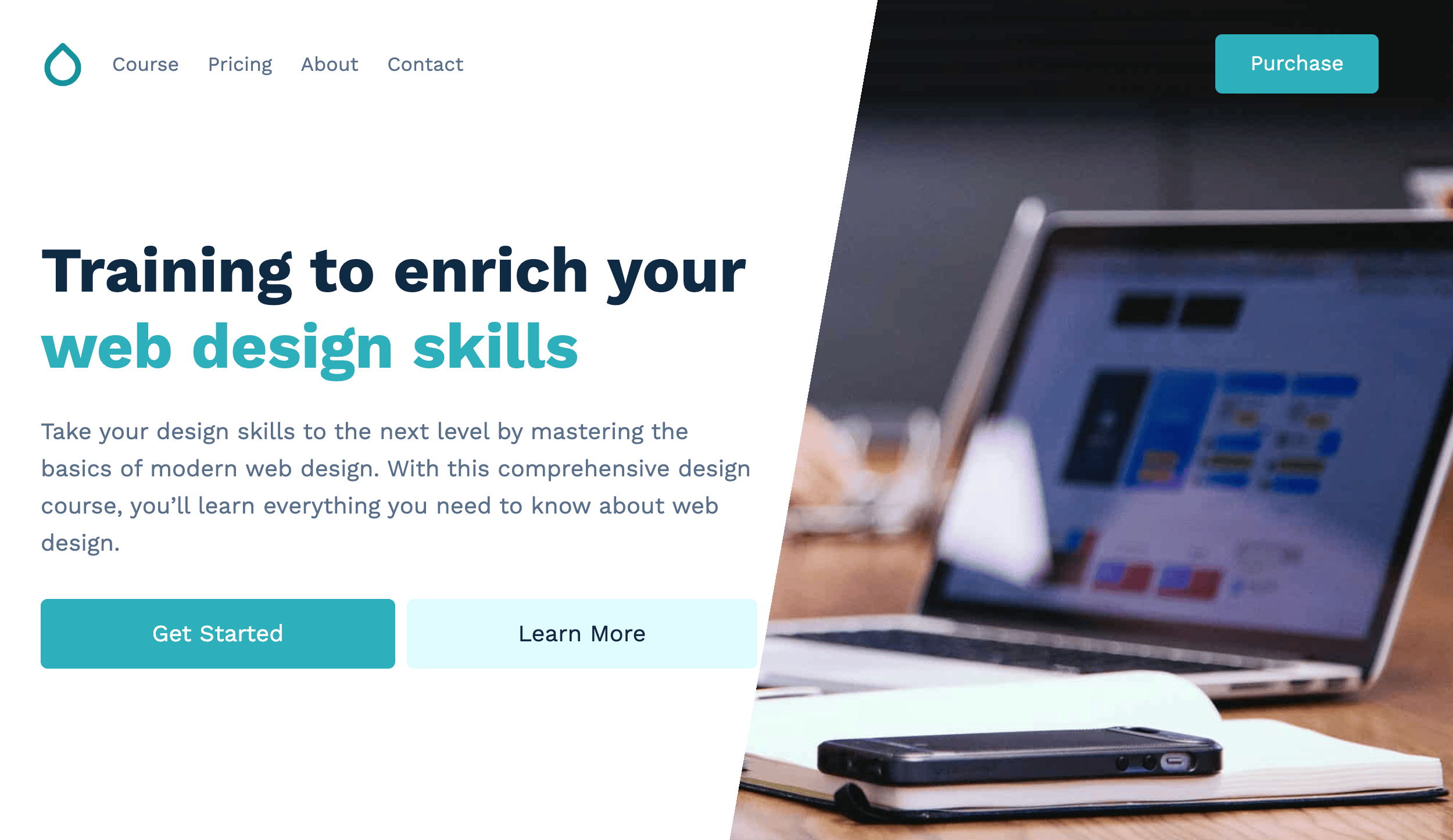 Laptop on a desk with a notebook and pen. Website text offers web design training with "Get Started" and "Learn More" buttons. Navigation menu includes Course, Pricing, About, Contact, Purchase links.