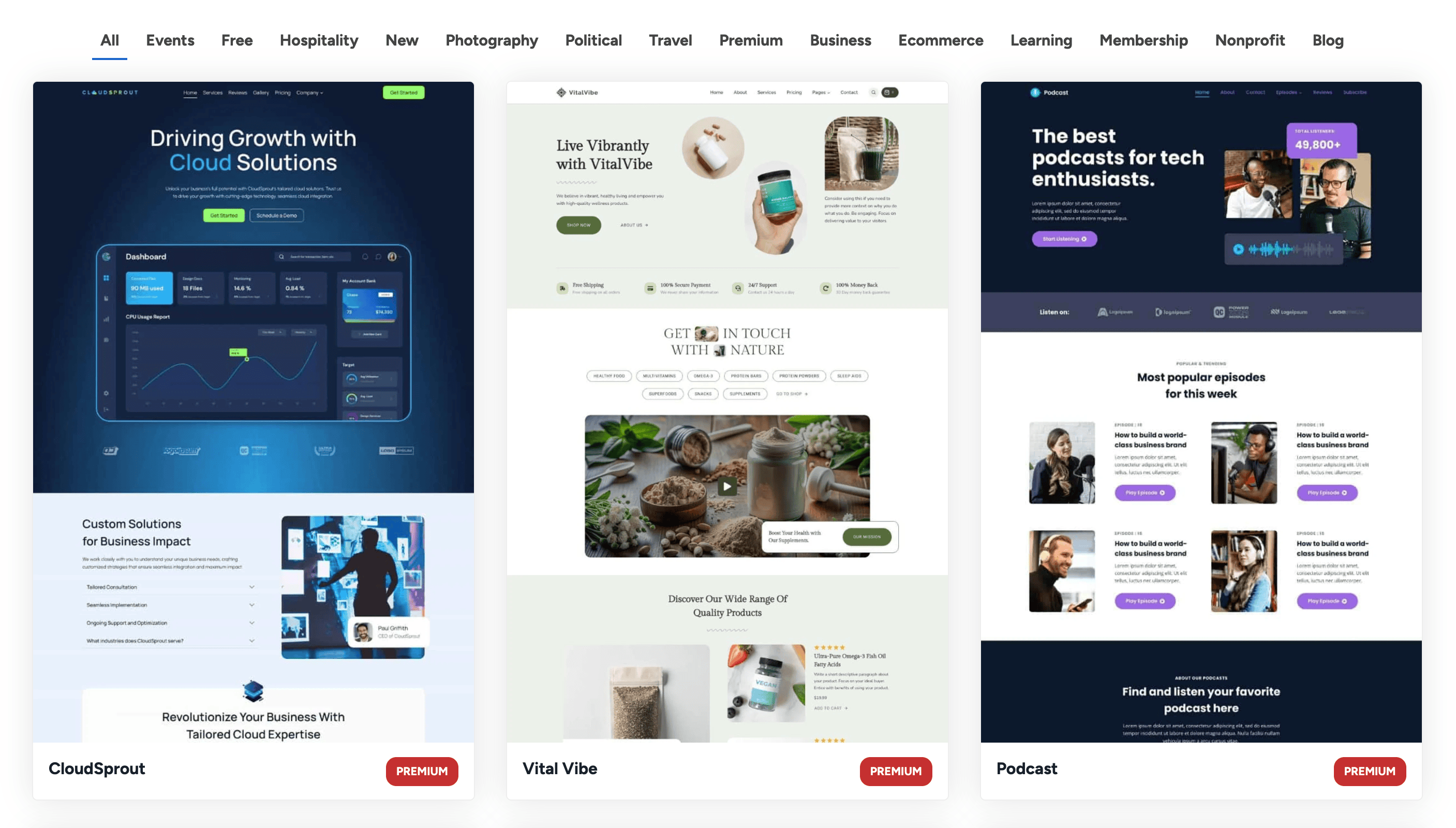 Three website templates are displayed side by side: a tech business site, a health and wellness site, and a podcast site, each labeled "PREMIUM" at the bottom.
