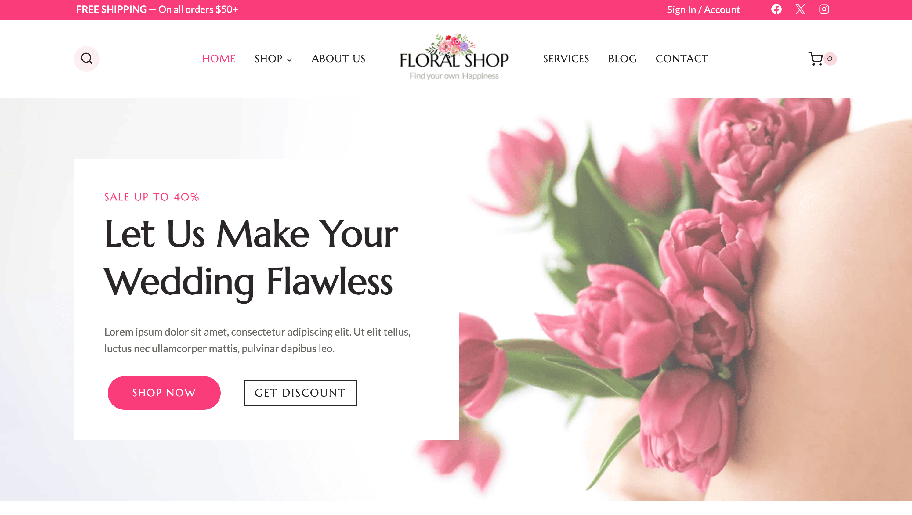 A bouquet of pink tulips is held close. The Floral Shop website showcases a wedding sale with up to 40% off.