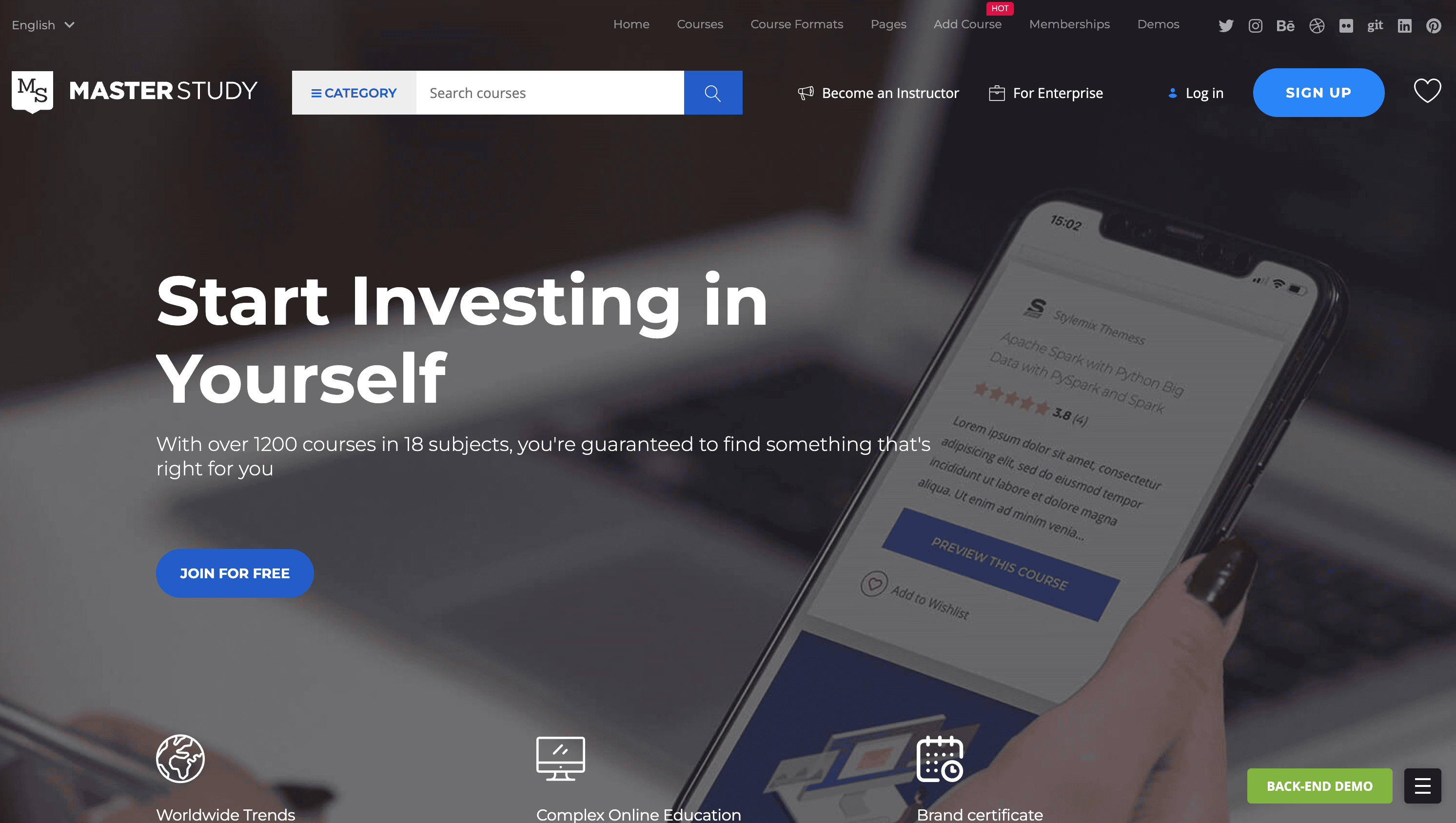 Website homepage for an online education platform. A person holds a smartphone displaying course reviews. Headline reads, "Start Investing in Yourself." Sections for courses and demo options are visible.